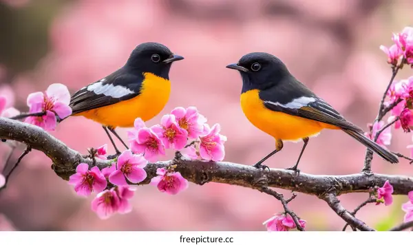 Two Birds Perched on a Branch with Pink Flowers