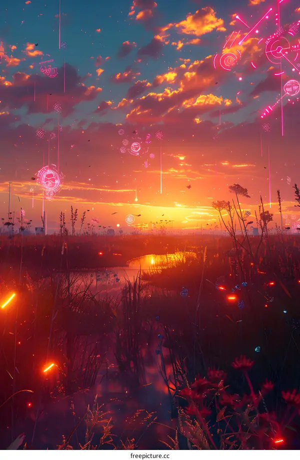 Sunset Over a Futuristic Swamp