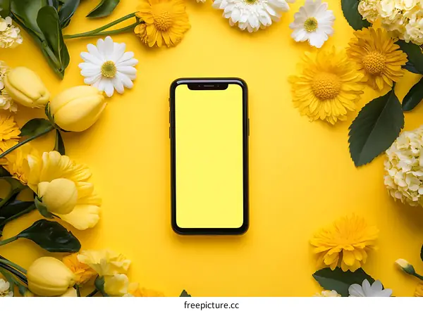 Yellow Flowers Around a Black Smartphone on a Yellow Background