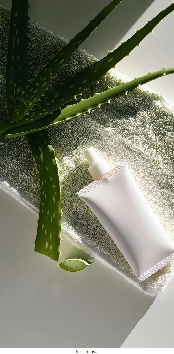 Aloe Vera Leaf and White Lotion Bottle on a Towel