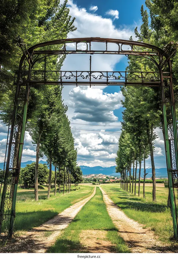 Rustic Countryside Road with Metal Archway