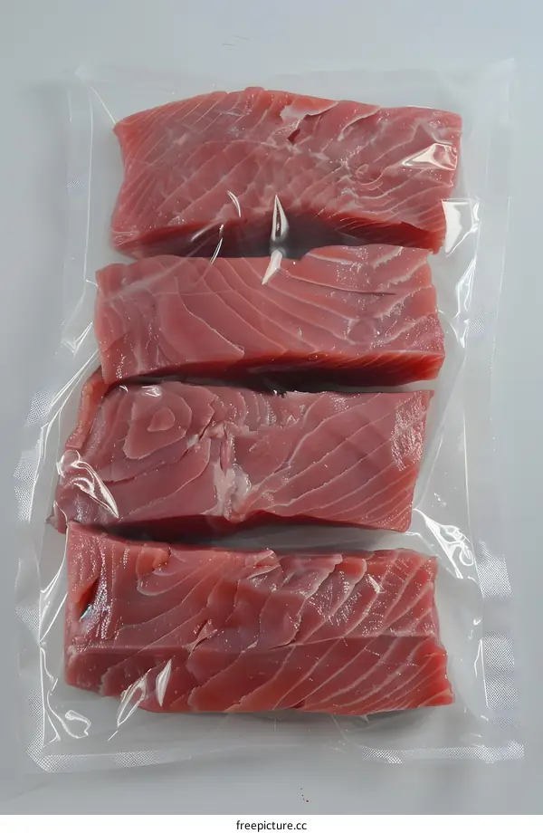 Four pieces of raw tuna steaks vacuum sealed in a plastic bag