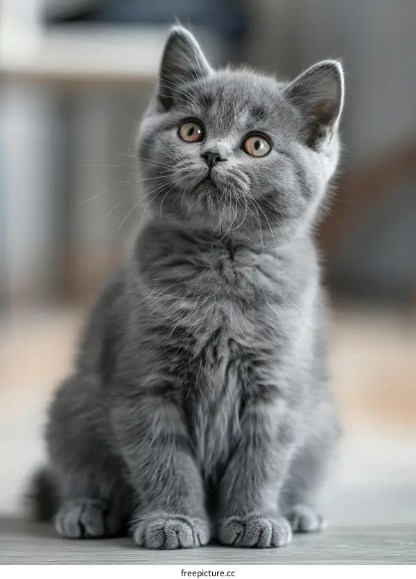 A cute gray kitten is sitting on the floor and looking up