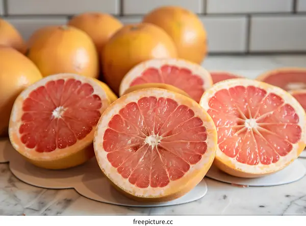 Freshly Cut Red Grapefruits on White Surface