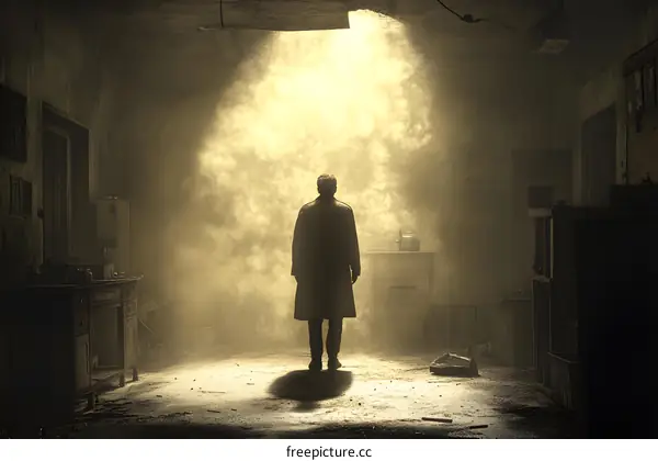 Man Standing in a Dusty Room with Light Shining Down