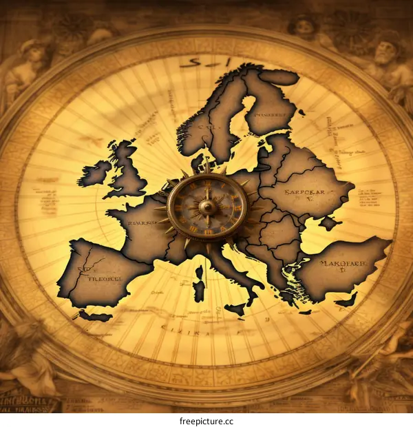 Old map of Europe with a compass in the center
