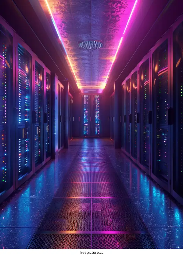 futuristic server room with colorful neon lights