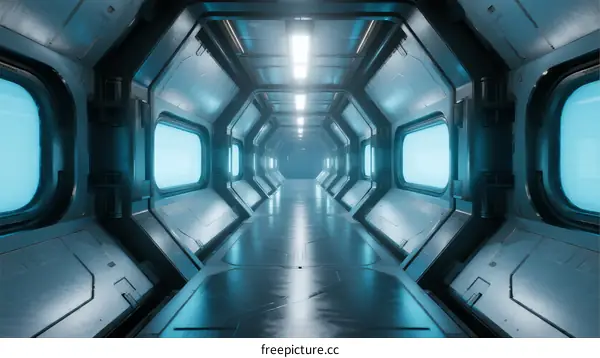 Futuristic Sci-Fi Spaceship Corridor with Blue Lighting