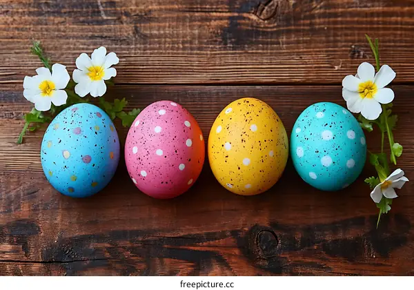 Easter Eggs Decorated on Wooden Background