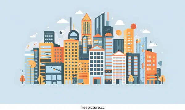 Flat Design Cityscape Illustration with Buildings and Clouds
