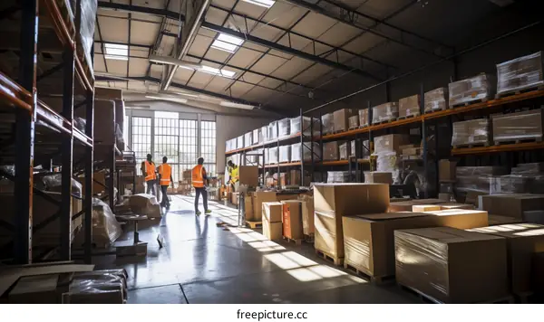 Four warehouse workers in a large warehouse