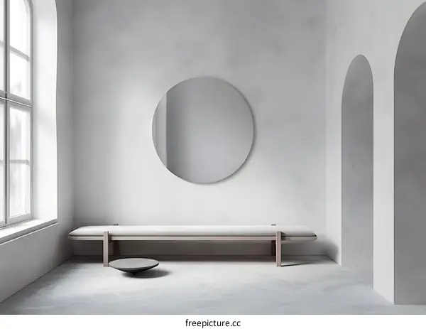 Minimalist White Interior Design With Round Mirror and Bench