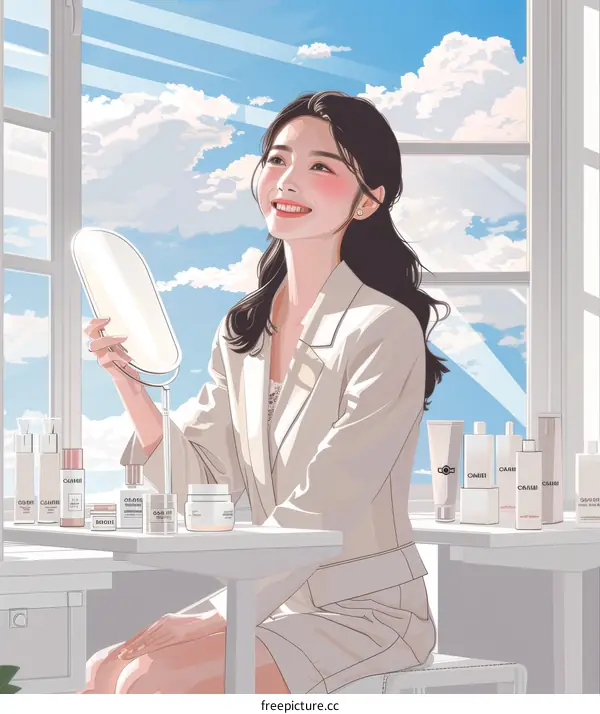 An illustration of a young woman sitting in front of a mirror admiring her reflection