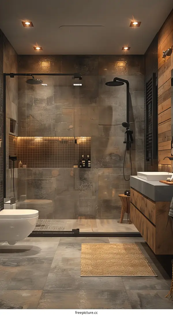 Modern bathroom interior with dark tiles and wooden elements