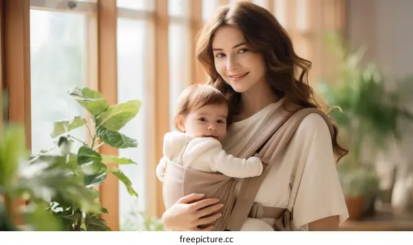 A young mother is holding her baby in a baby carrier