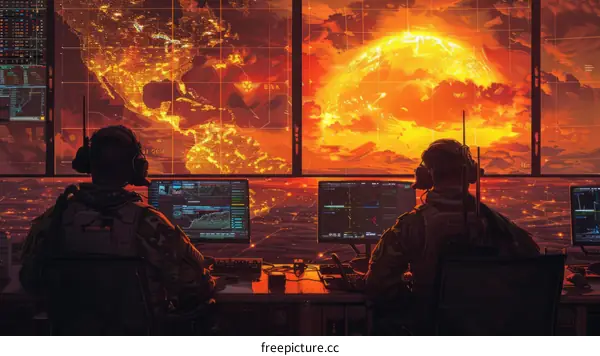 Military personnel monitoring a global conflict from a high-tech command center