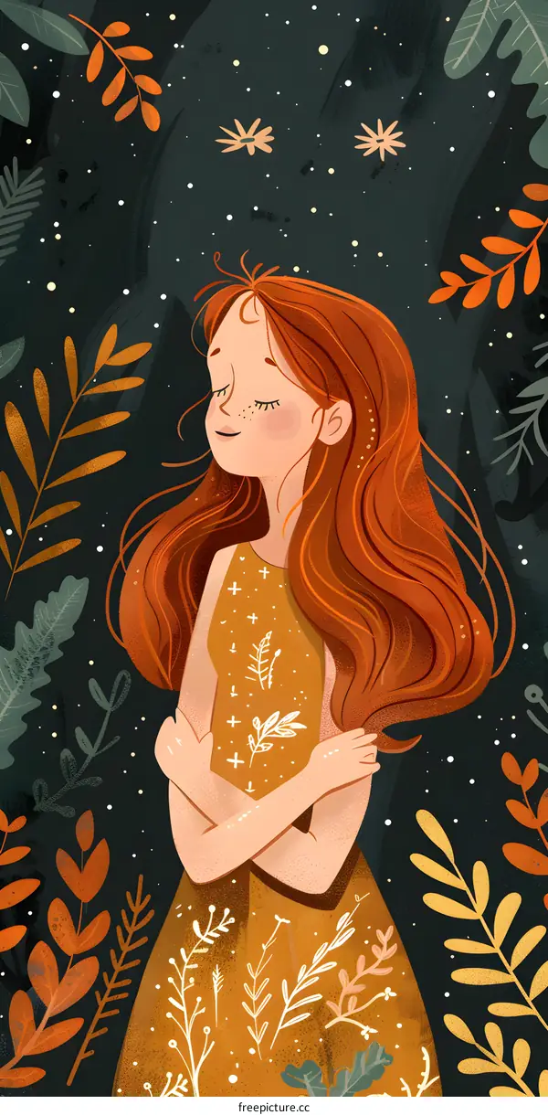Girl with Red Hair Standing Among Autumn Leaves