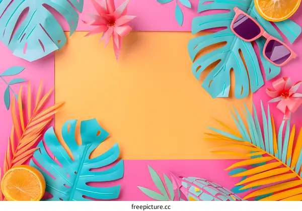 Summer Tropical Background with Paper Cutout Leaves, Flowers and Sunglasses