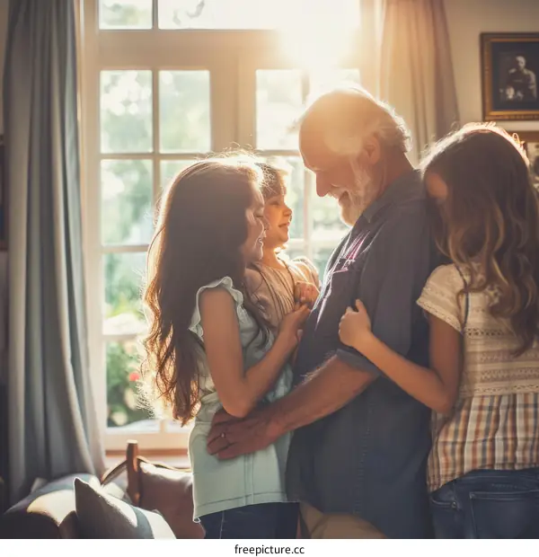 An old man is hugging his granddaughters