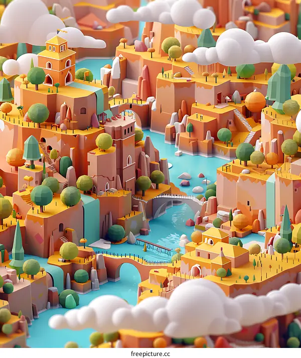 Low Poly 3D Illustration of a Fantasy City with Mountains, Water, and Clouds