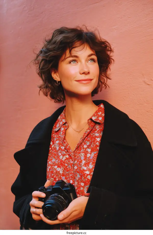 Woman Holding Camera Outdoors Against Pink Wall Portrait