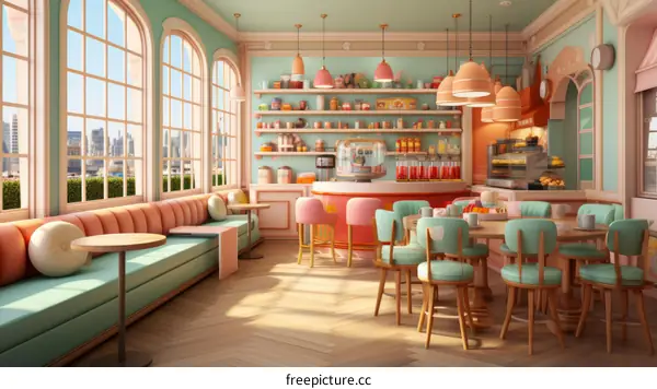 Retro 50s Diner Interior With Pink and Mint Green Pastel Colors