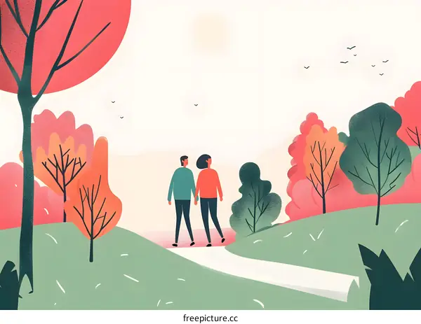 Couple Walking in Autumn Park Illustration