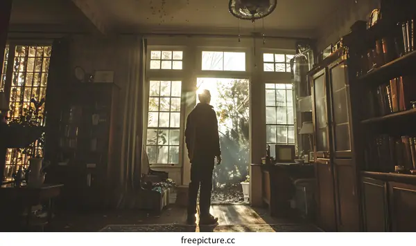 A Man Standing in the Living Room, Looking Out the Window
