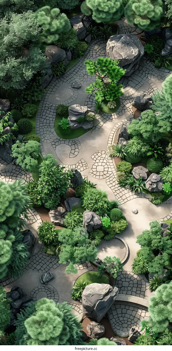Zen Garden Path: Top View of a Japanese Stone Garden