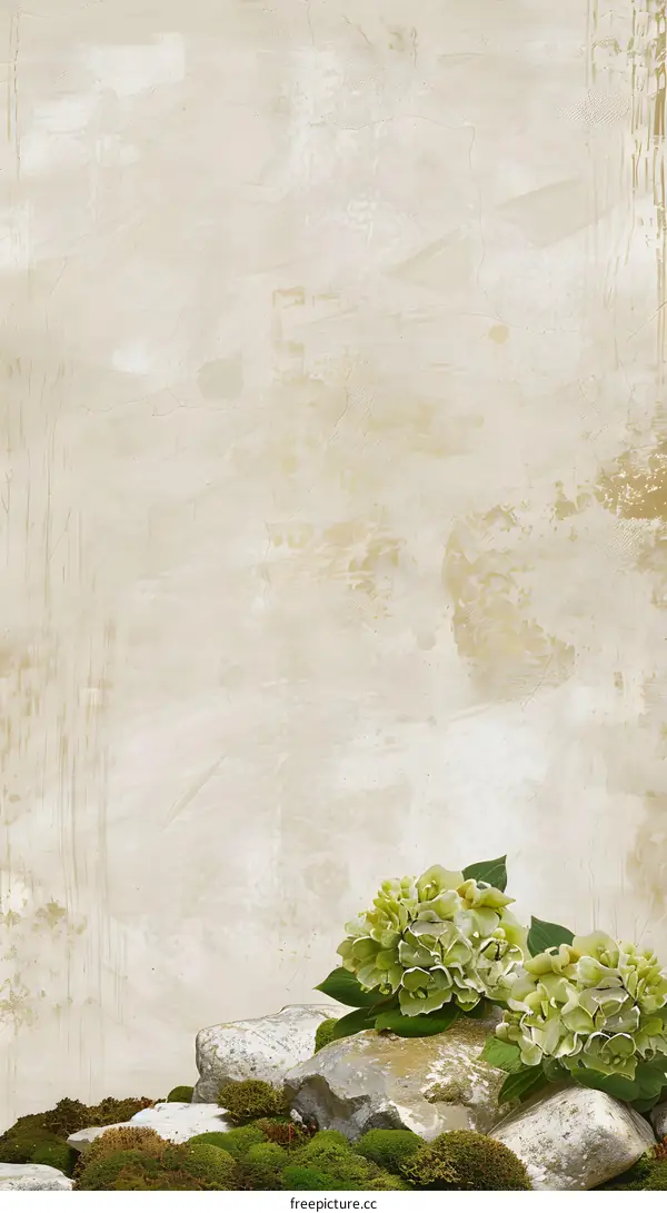 Vintage White Wall with Green Hydrangea Flowers and Rocks