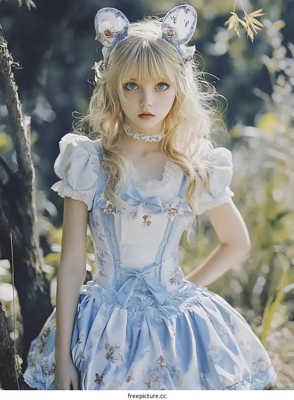 Beautiful Girl in a Light Blue Floral Dress in Nature