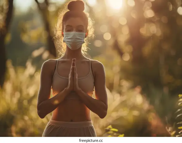 A young woman wearing a mask is doing yoga in the park