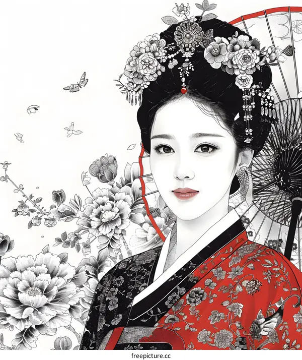 A beautiful illustration of a Korean woman in traditional dress
