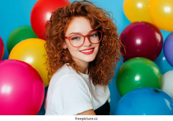 Young Woman with Red Curly Hair Posing with Colorful Balloons