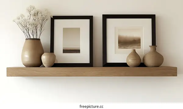 Wooden Shelf Decorated with Artwork and Vases