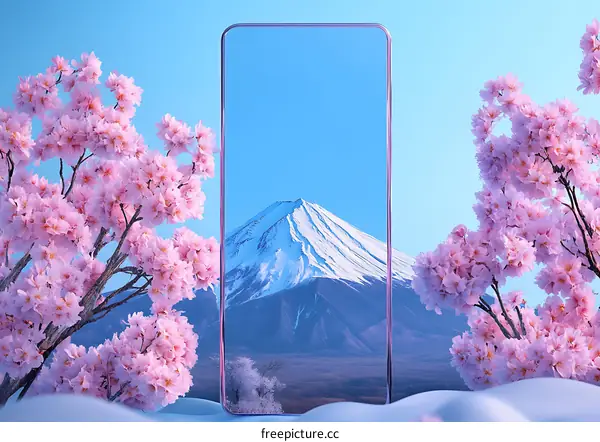 Cherry Blossom and Mount Fuji in a Phone Screen
