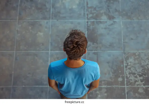 man in blue shirt standing on gray concrete tiles