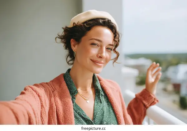 Woman Posing Outdoors on Balcony