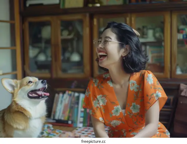 A woman is sitting on the floor with a corgi dog