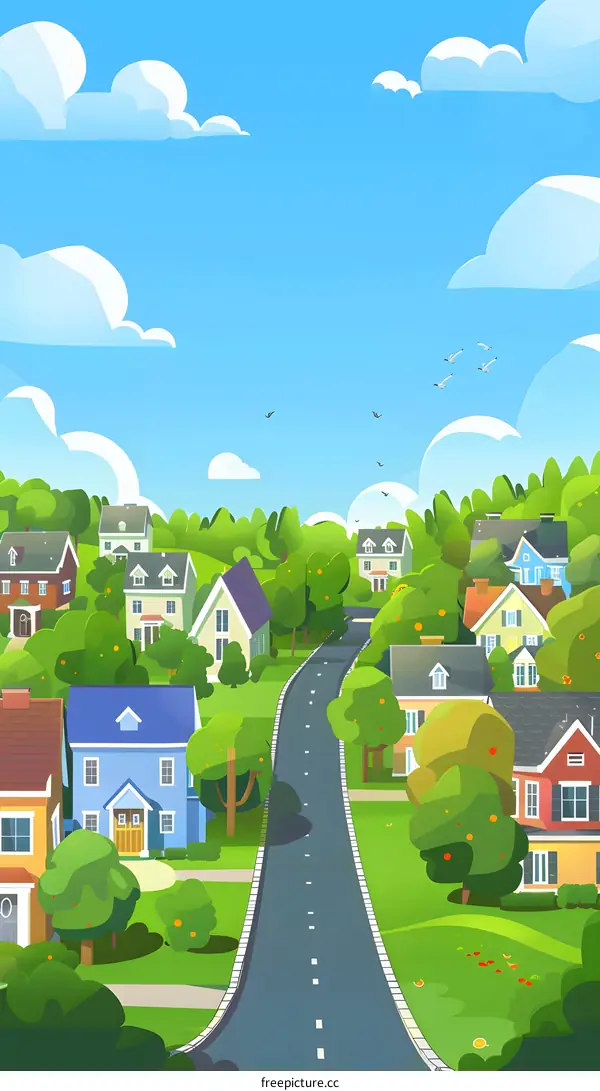 Cartoon Illustration of a Suburban Neighborhood with Houses and Trees