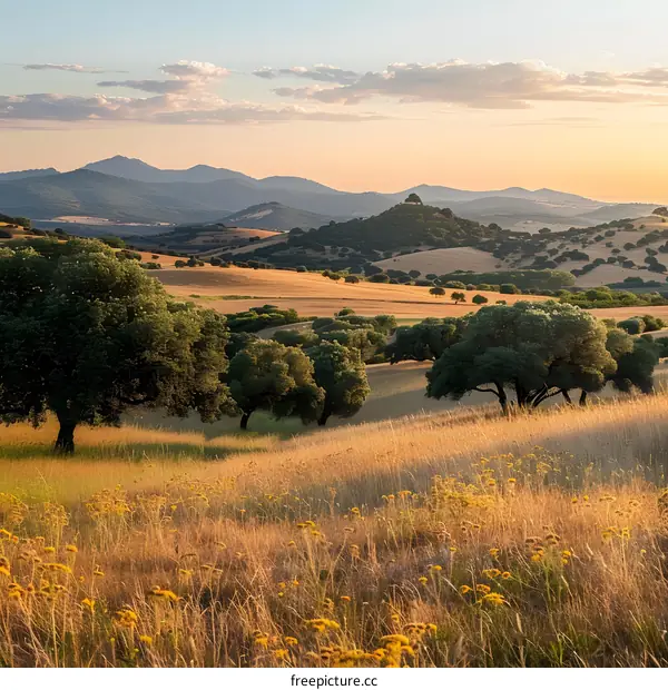 Golden Sunset over Rolling Hills and Oak Trees