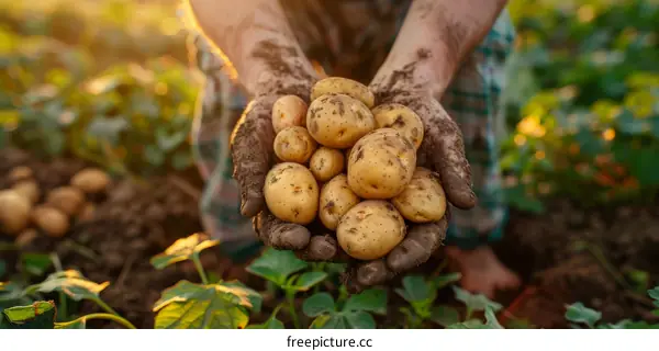 A farmer holding a handful of freshly harvested potatoes in their hands