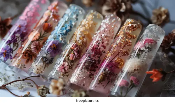 Dried flowers and glitter encapsulated in clear resin cylinders