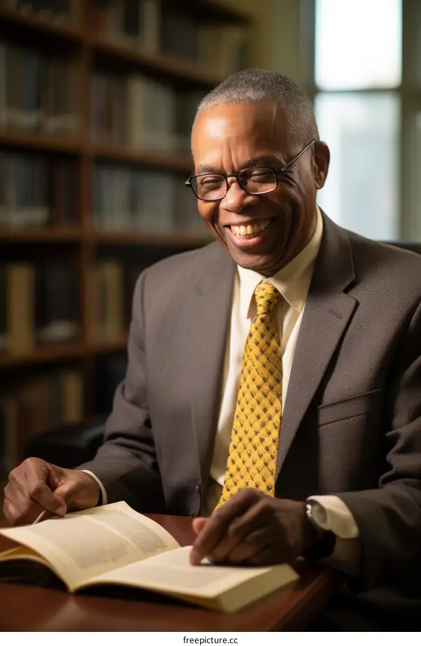 Portrait of a smiling African-American man reading a book in a library