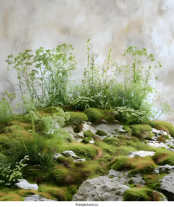 Green Mossy Rocks And Plants Against A Concrete Wall