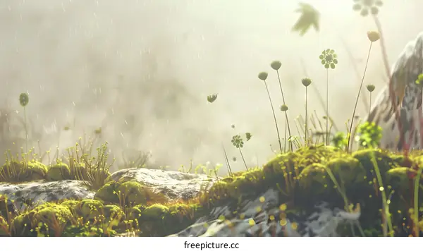 Green Flowers And Grass In The Rain