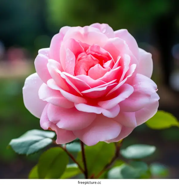 A beautiful pink rose in full bloom with water drops on its petals.