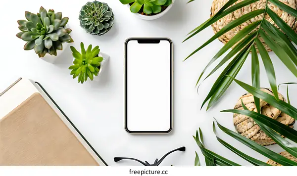 Flat Lay with Phone, Succulents, and Palm Leaves