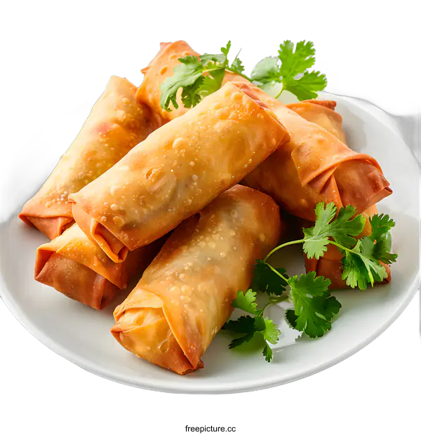 [Transparent Background PNG]Crispy Spring Rolls on White Plate