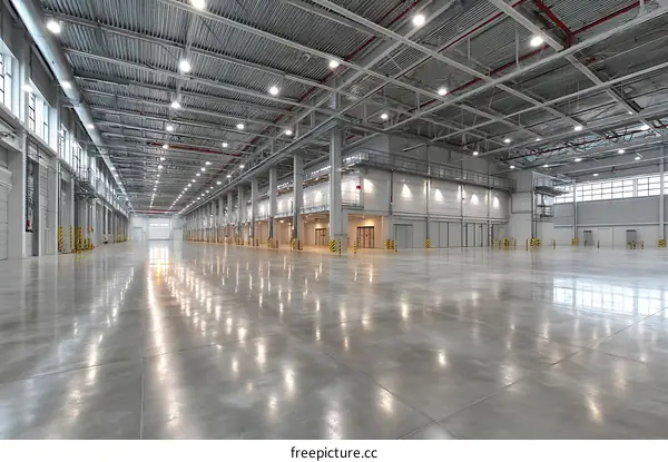 Empty Industrial Warehouse Interior with Polished Concrete Floor
